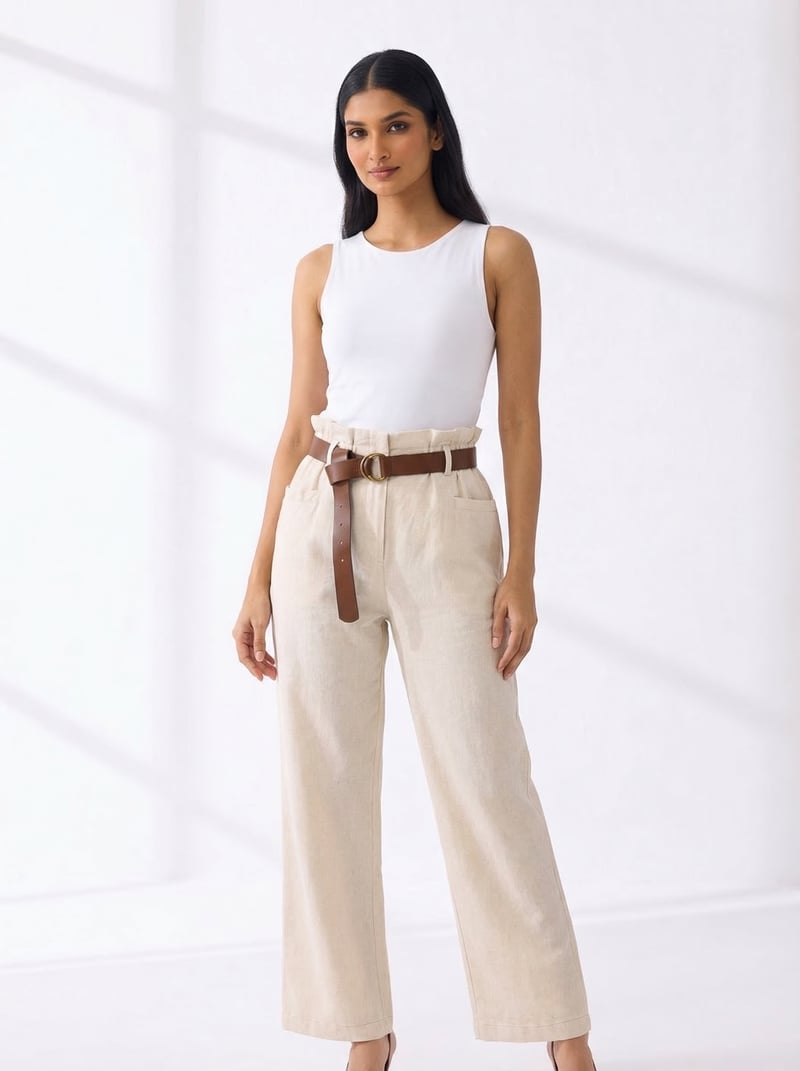 Beige High-Rise Wide-Leg Trousers with Belt — ASPRIN FASHION