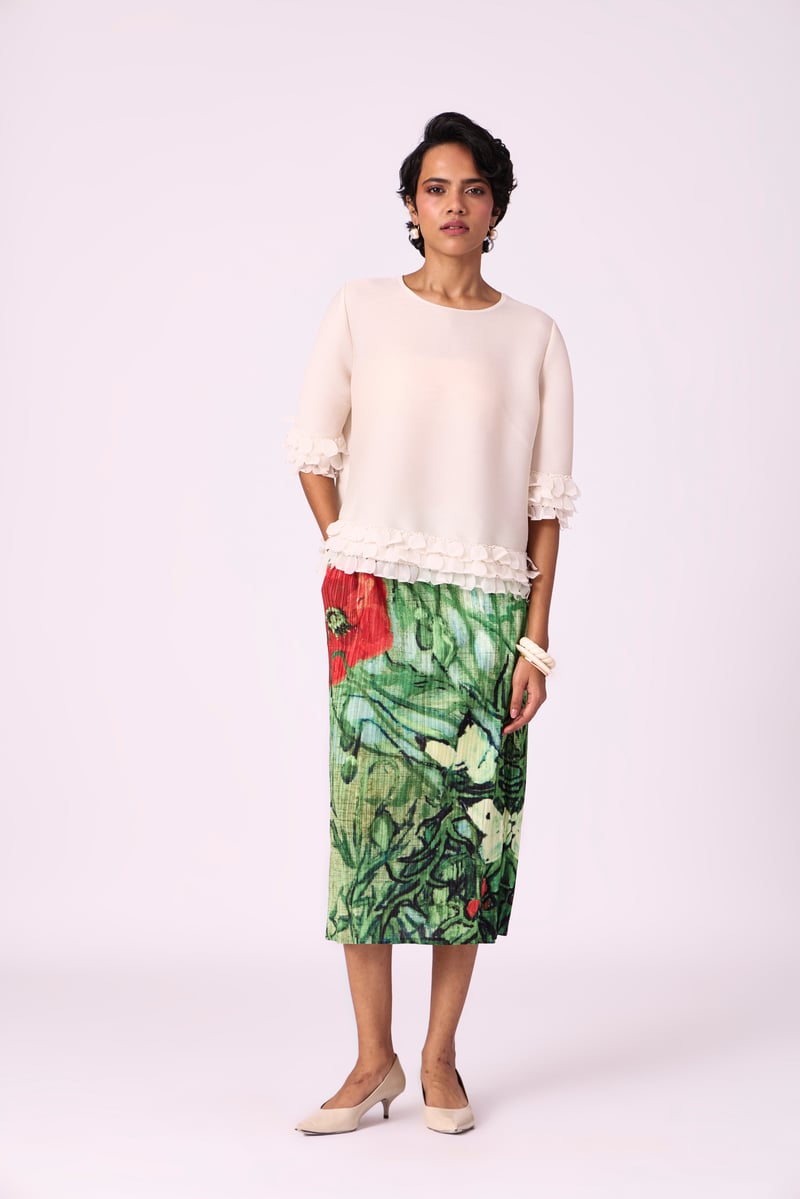 Green Floral Pleated Midi Skirt
