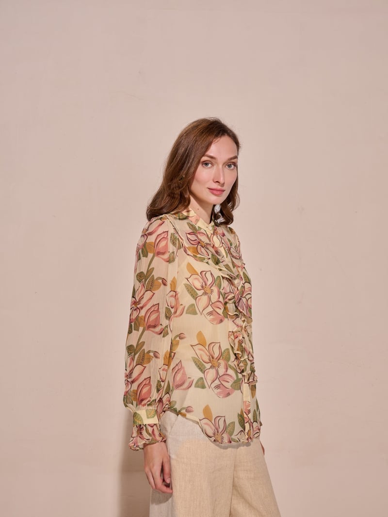 Yellow Floral Chiffon Ruffle High-Neck Top