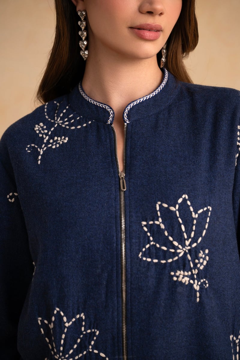 Dark Blue Embroidered Zip-Up Jacket and Pant Co-ord Set