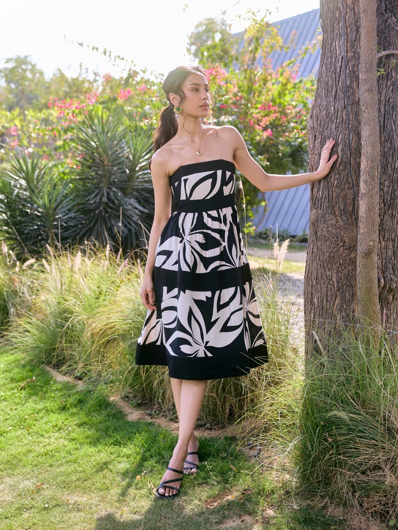 Black Strapless Abstract Print Midi Fit and Flare Dress — Style Island
