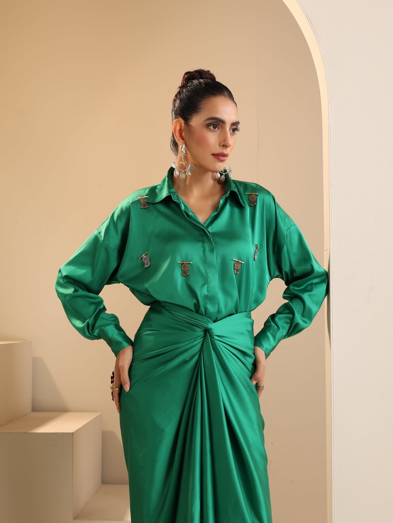 Green Satin Shirt and Wrap Dhoti Skirt Co-ord Set