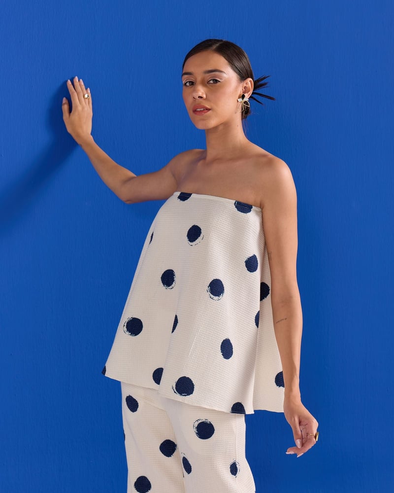 Blue/White Strapless Polka Dot Cotton Waffle Dress
