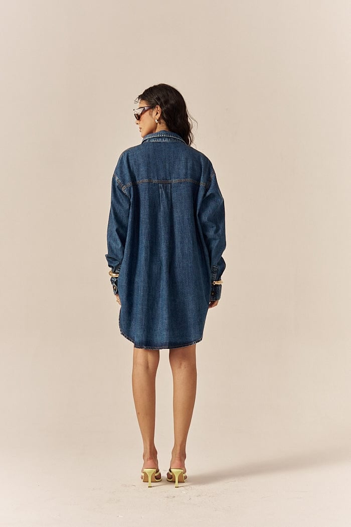 Blue Denim Relaxed Shirt Dress with Pockets