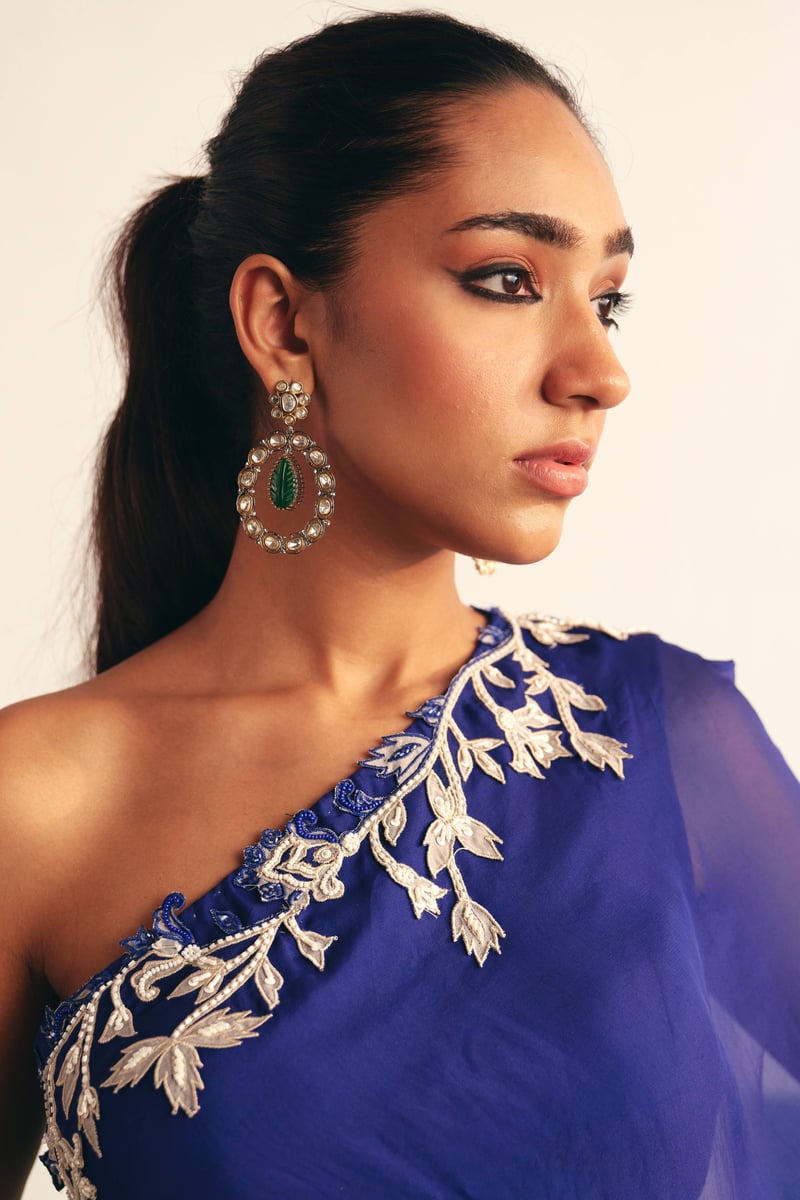 Ink Blue One-Shoulder Embroidered Kaftan Set
