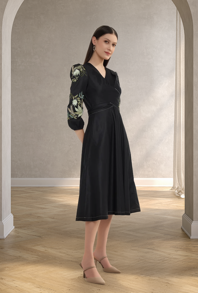 Black Fit and Flare Midi Dress with Embroidered Sleeves — Our Love
