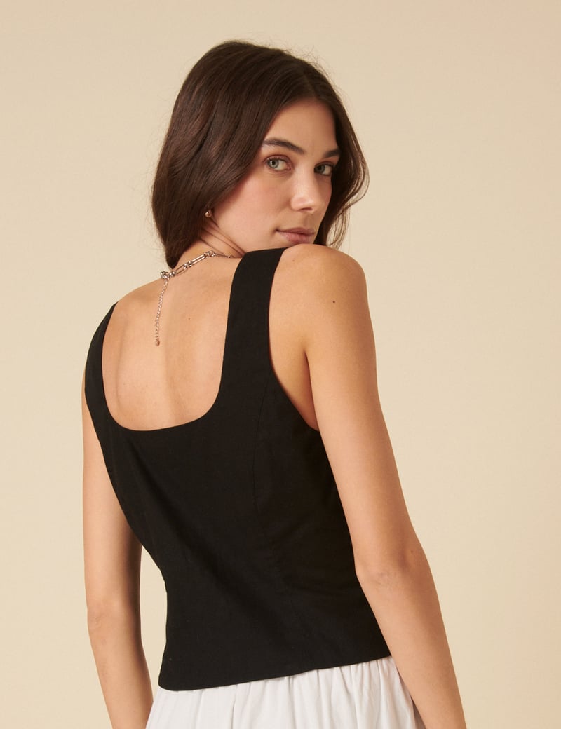 Black Waistcoat-Style Sleeveless Button-Front Top