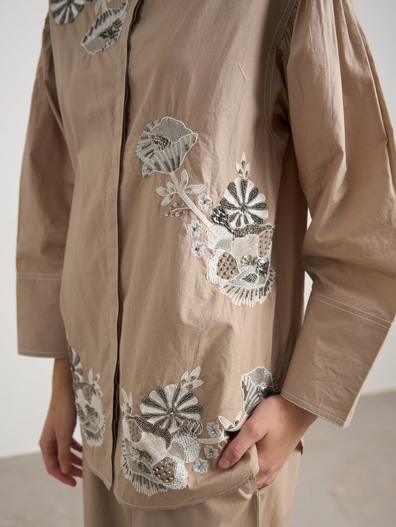 Beige Embroidered Cotton Shirt and Pants Co-ord Set
