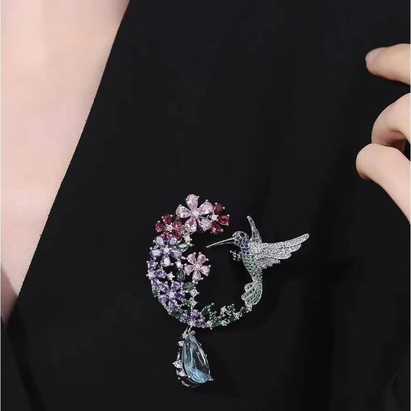 Crystal Hummingbird & Floral Wreath Brooch