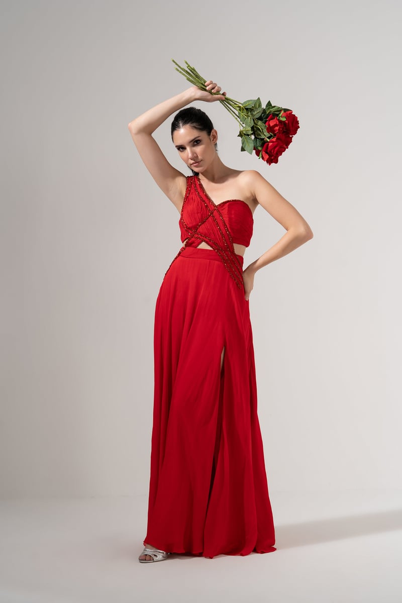 Crimson One-Shoulder Beaded Cutout Maxi Gown — AMRTA BY GUNEET KONDAL