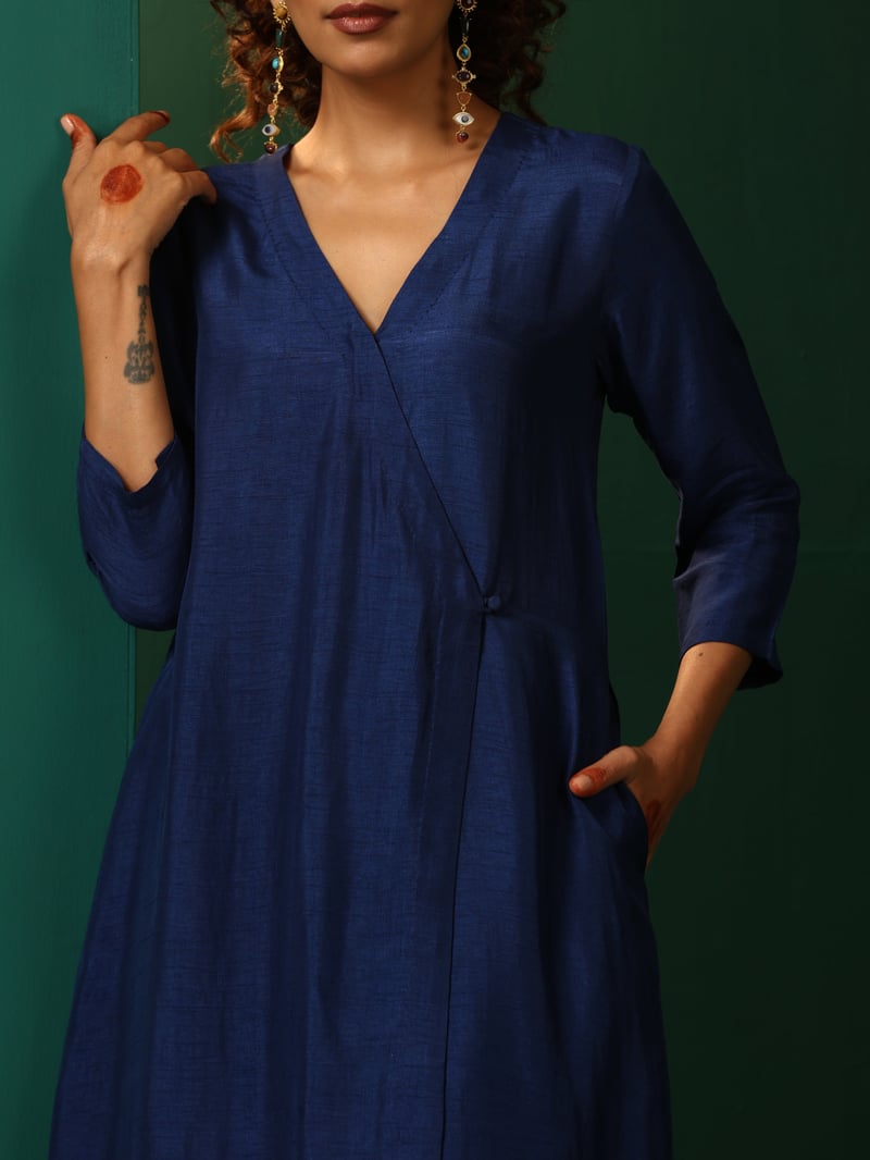 Blue Silk-Blend Angrakha Kurta and Pant Set