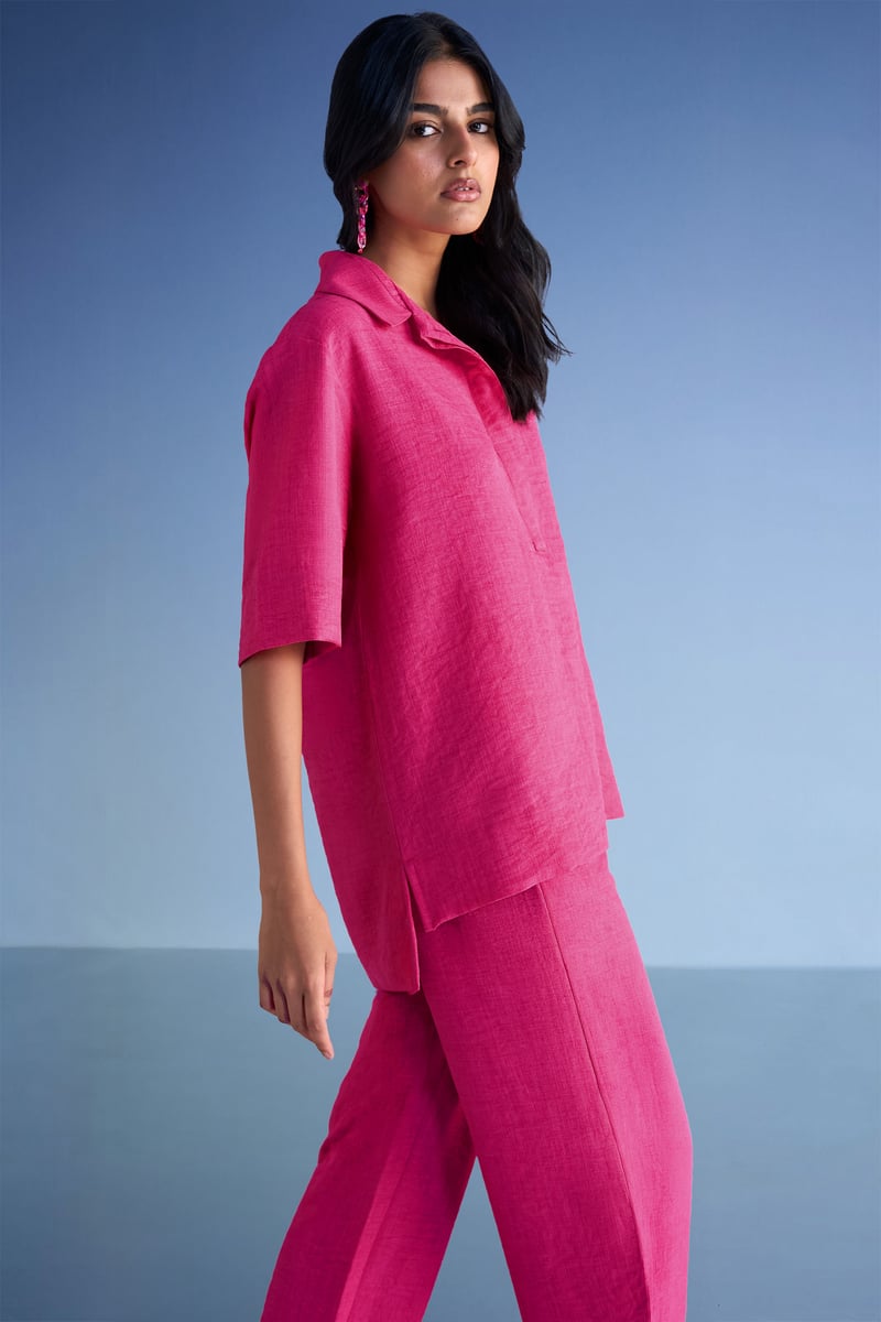 Fuchsia Linen-Textured High-Low Popover Top