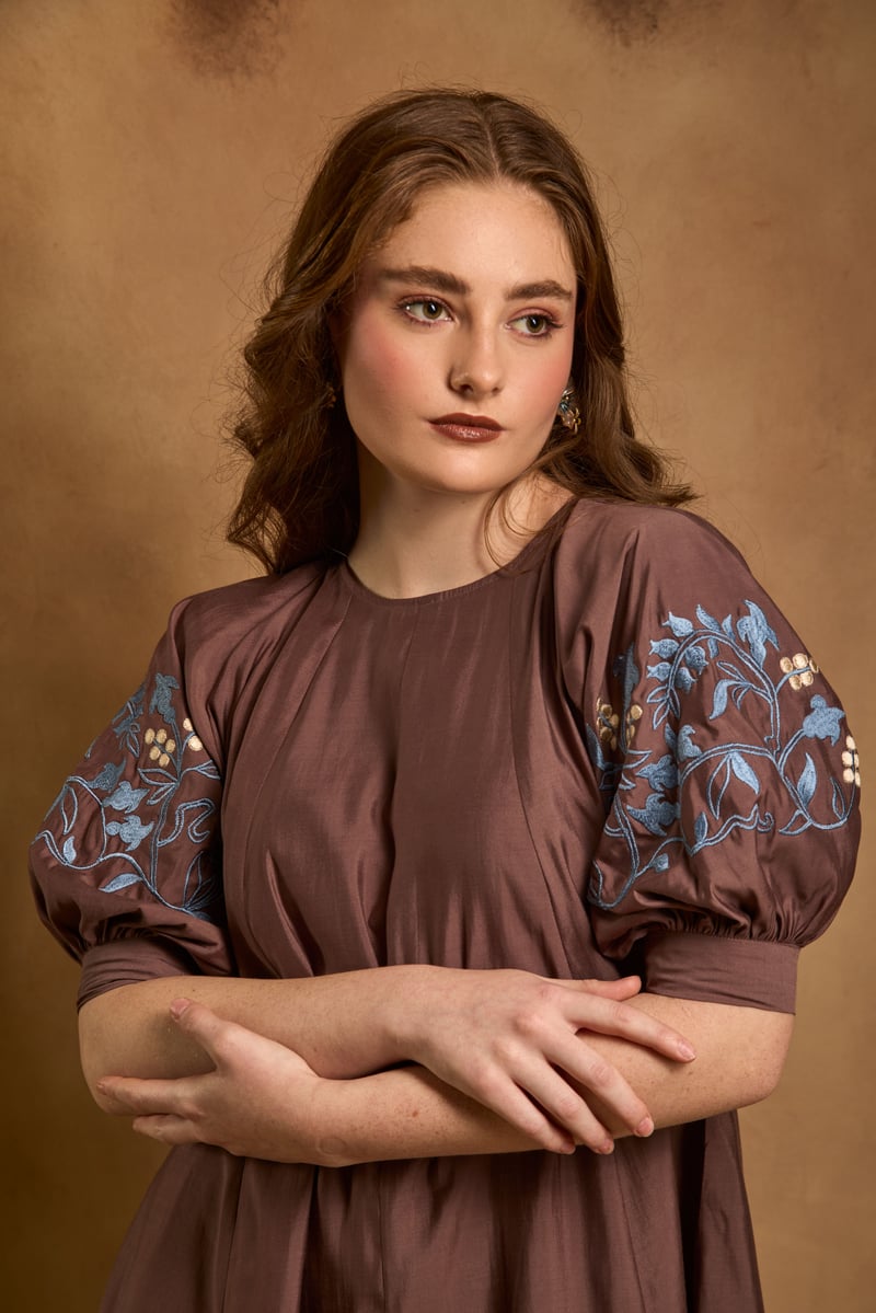 Brown Roman Silk Fit and Flare Midi Dress with Embroidered Sleeves
