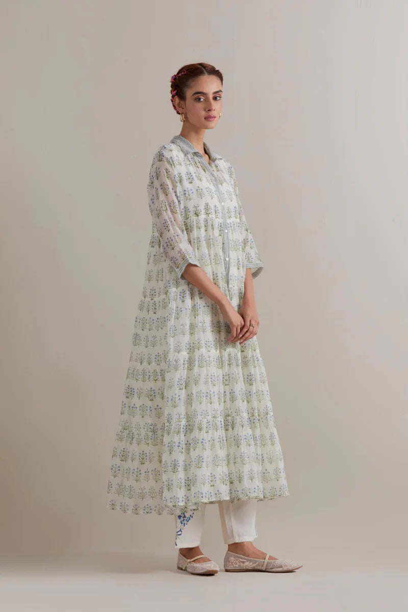 Blue/Green Floral Printed Tiered Kurta Set with Slip