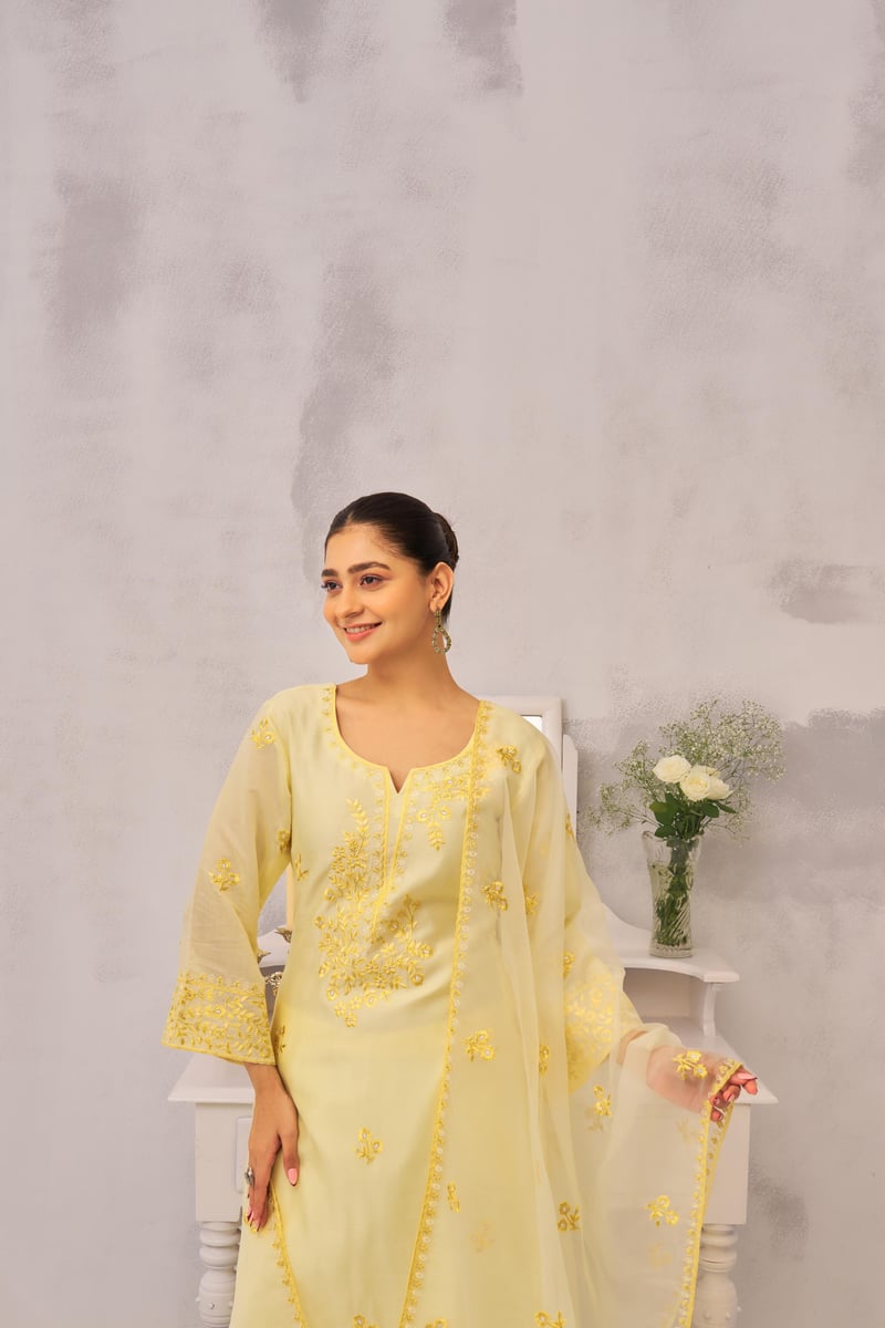 Lime Yellow Chanderi Silk Embroidered Suit Set