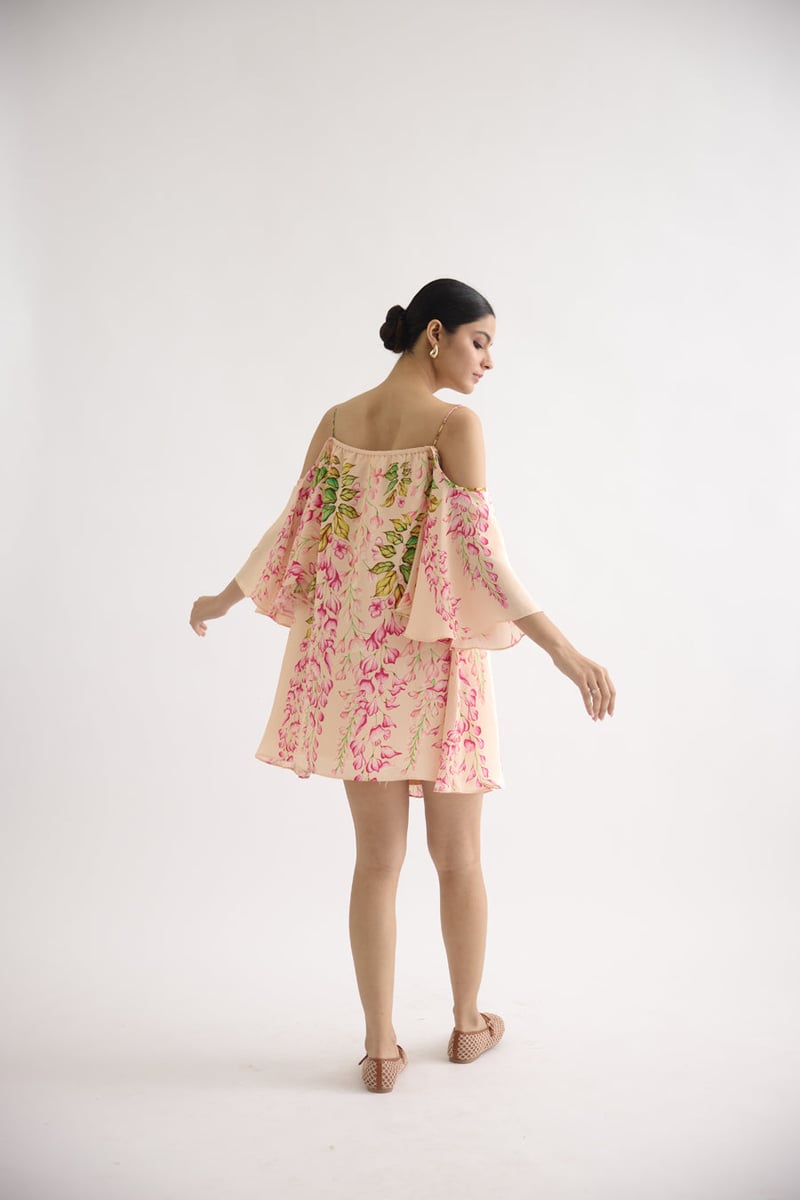 Peach Floral Off-Shoulder A-Line Mini Dress