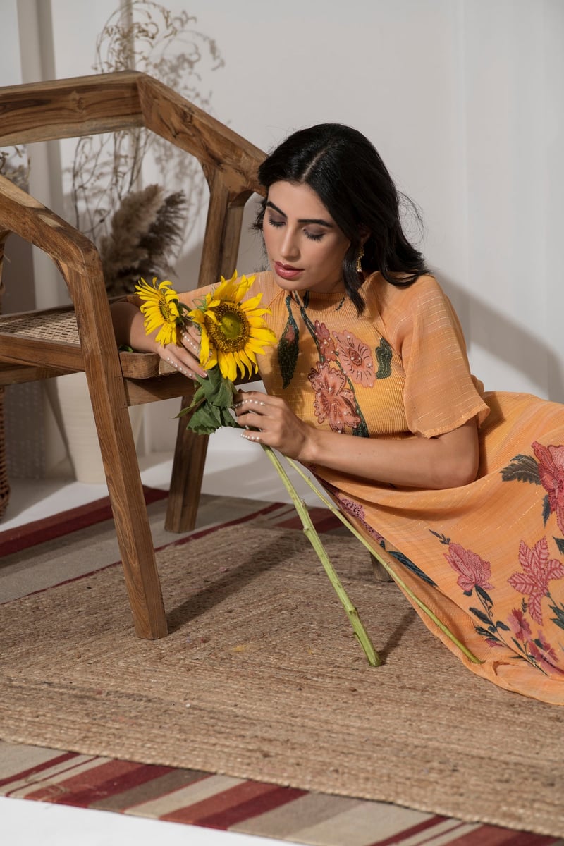Golden Yellow Floral Lurex Kaftan Kurta Set with Palazzo