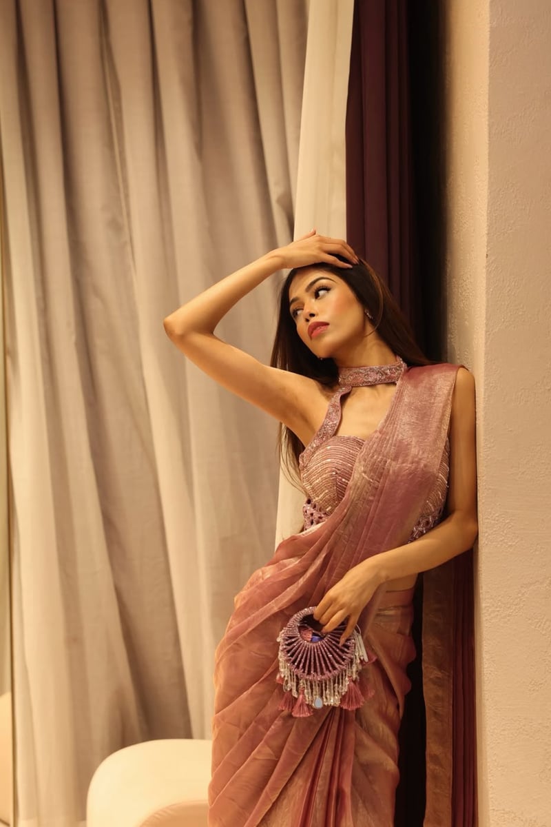 Pink Shimmer Tissue Saree with Embellished Halter Blouse
