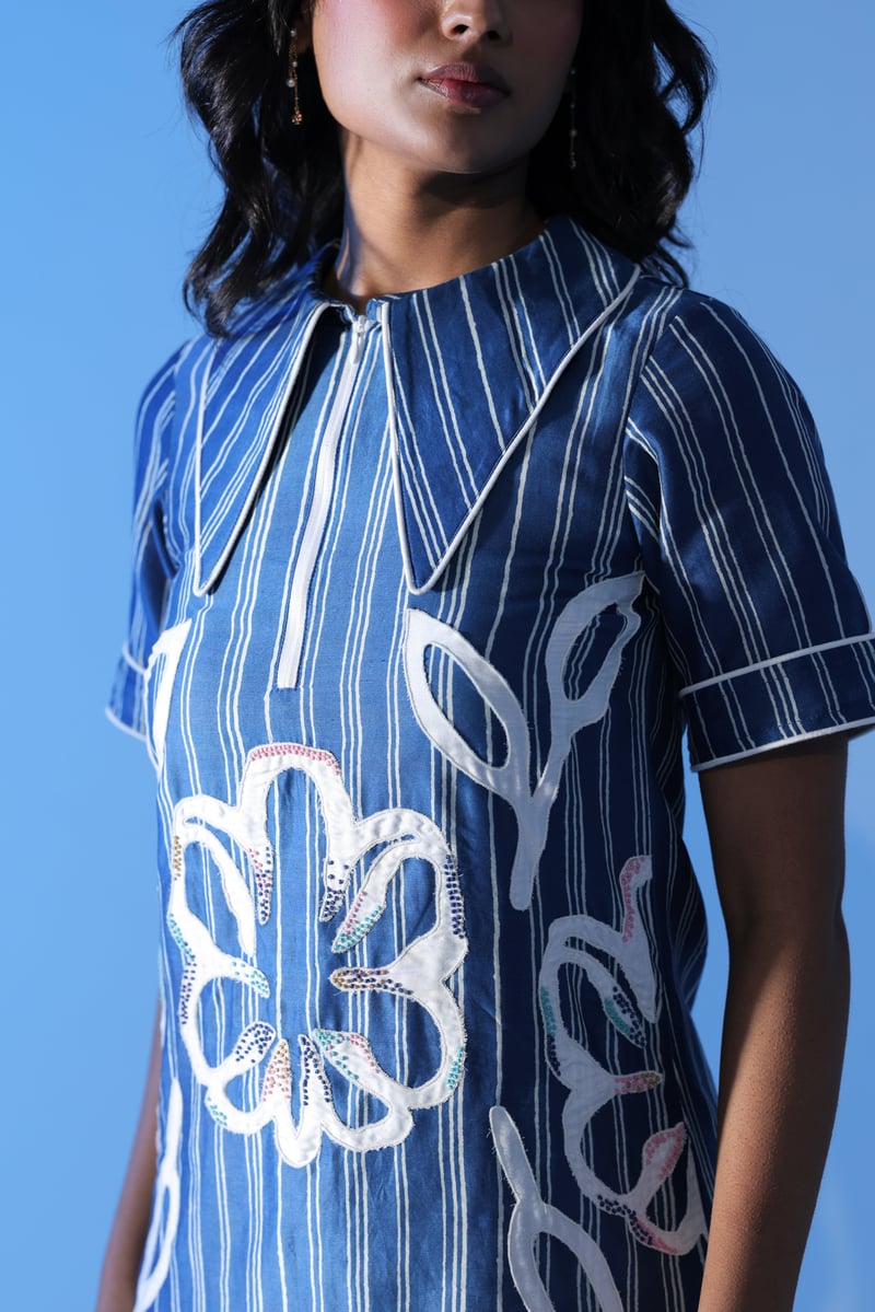 Blue Striped Cotton Silk Mini Dress with Floral Applique
