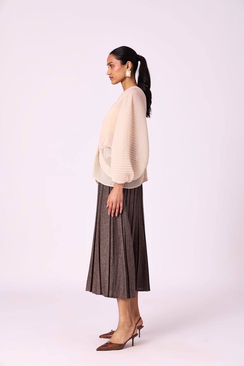 Cream Pleated Kaftan-Inspired V-Neck Batwing Top