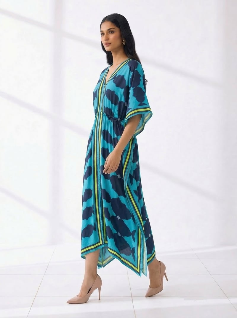 Blue Persona Printed V-Neck Kaftan with Border Detail