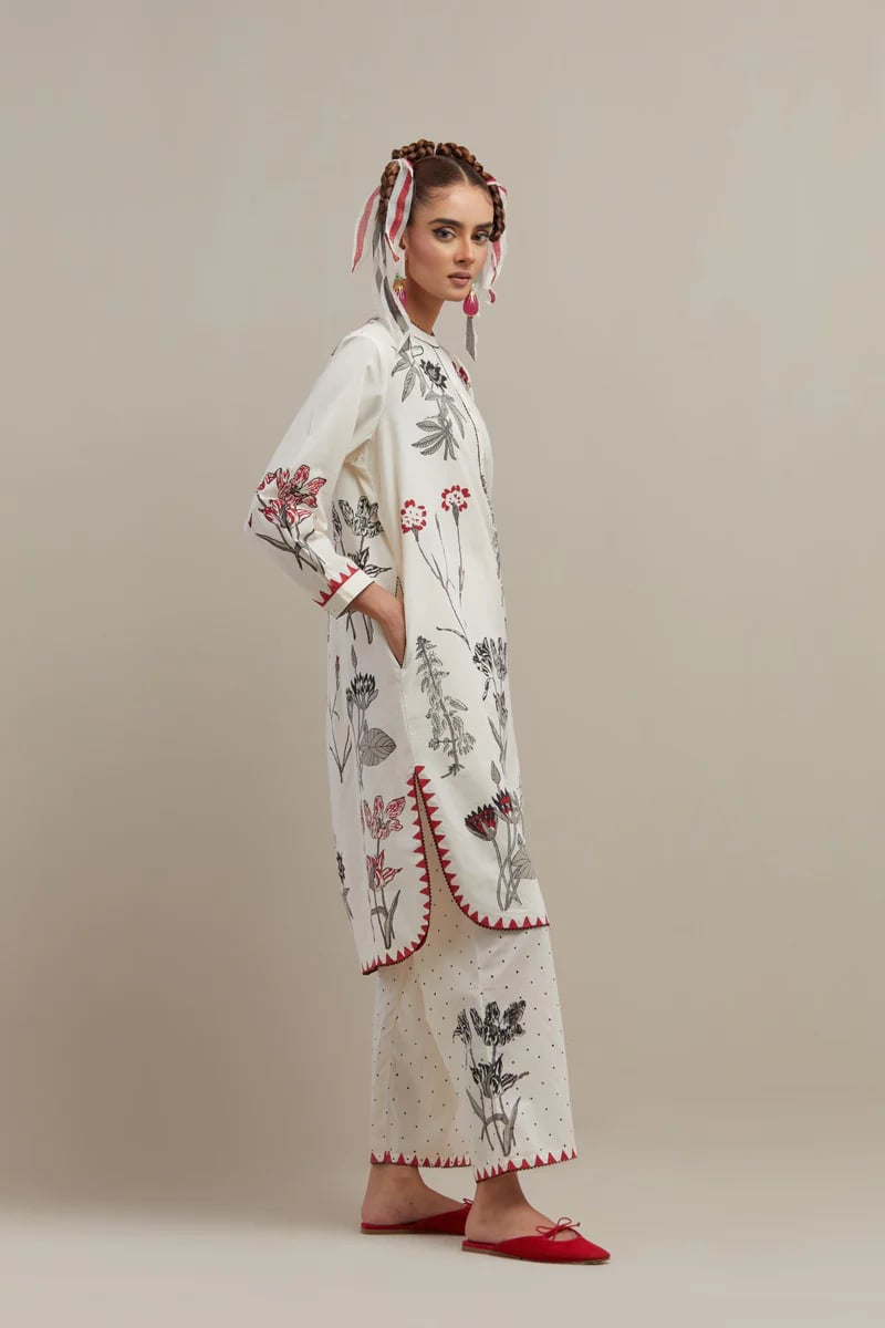 Off-White Floral Printed Straight Cotton Kurta Set with Dupatta