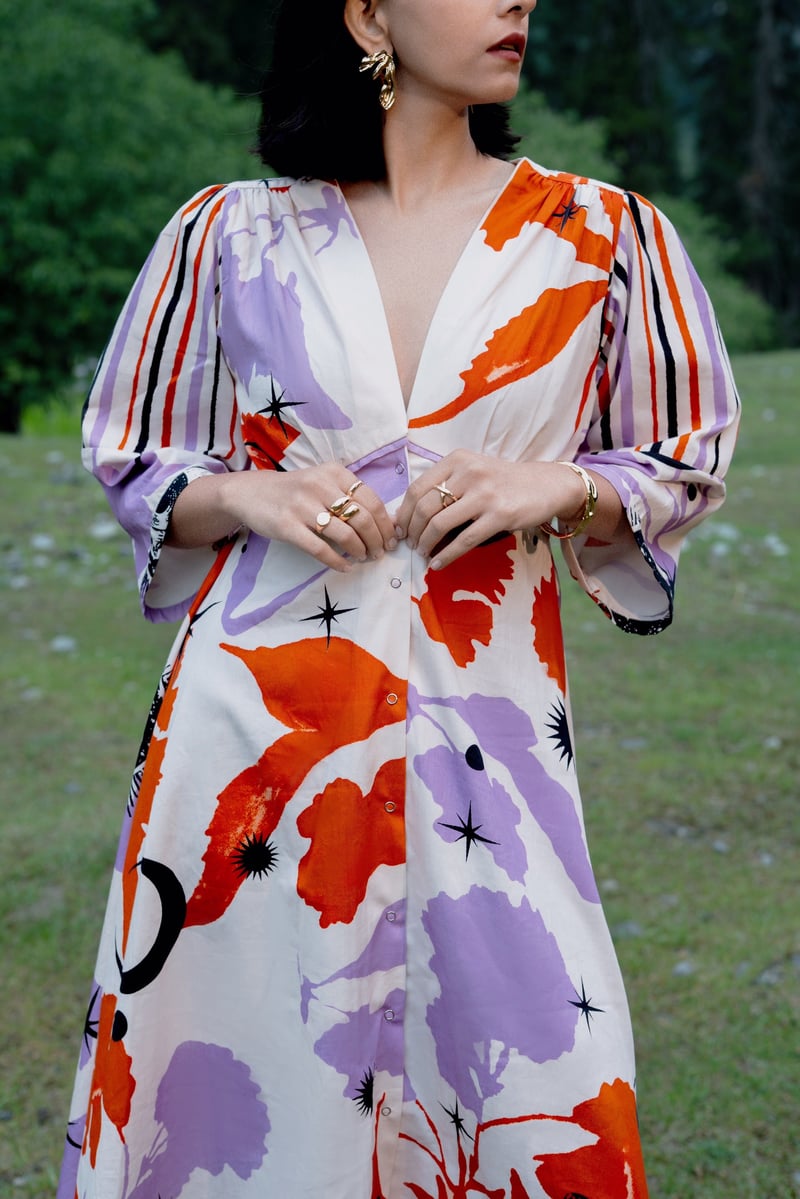 White Orange Printed Recycled Cotton Midi Dress