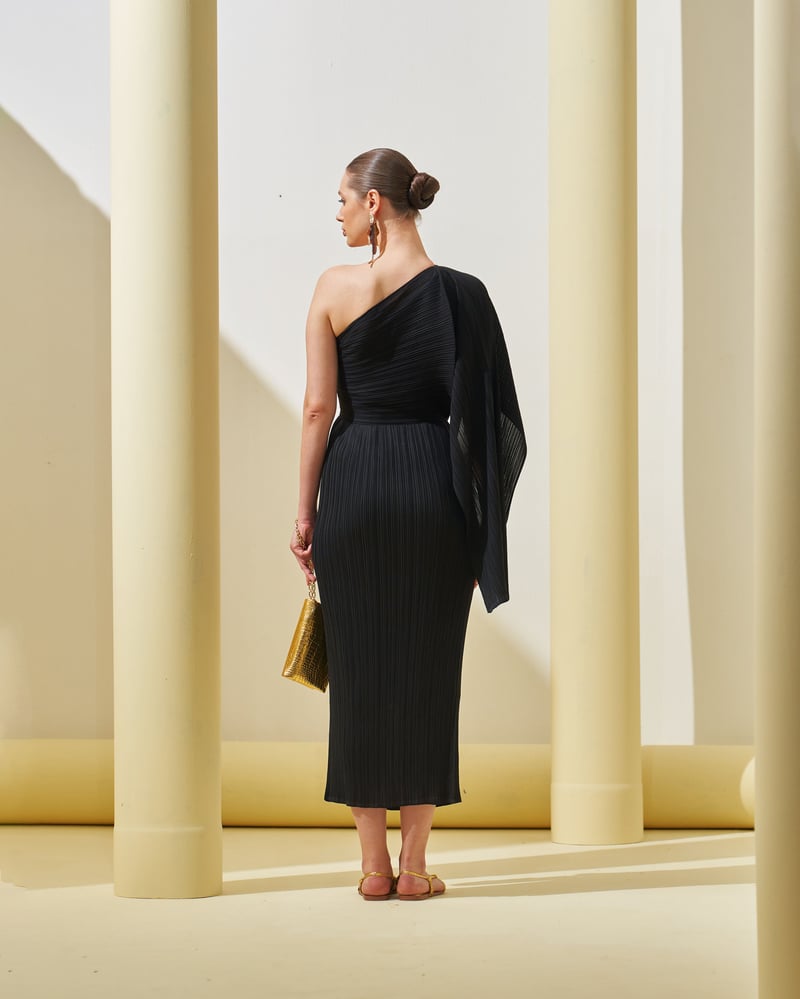 Black One-Shoulder Pleated Midi Dress with Drape Detail