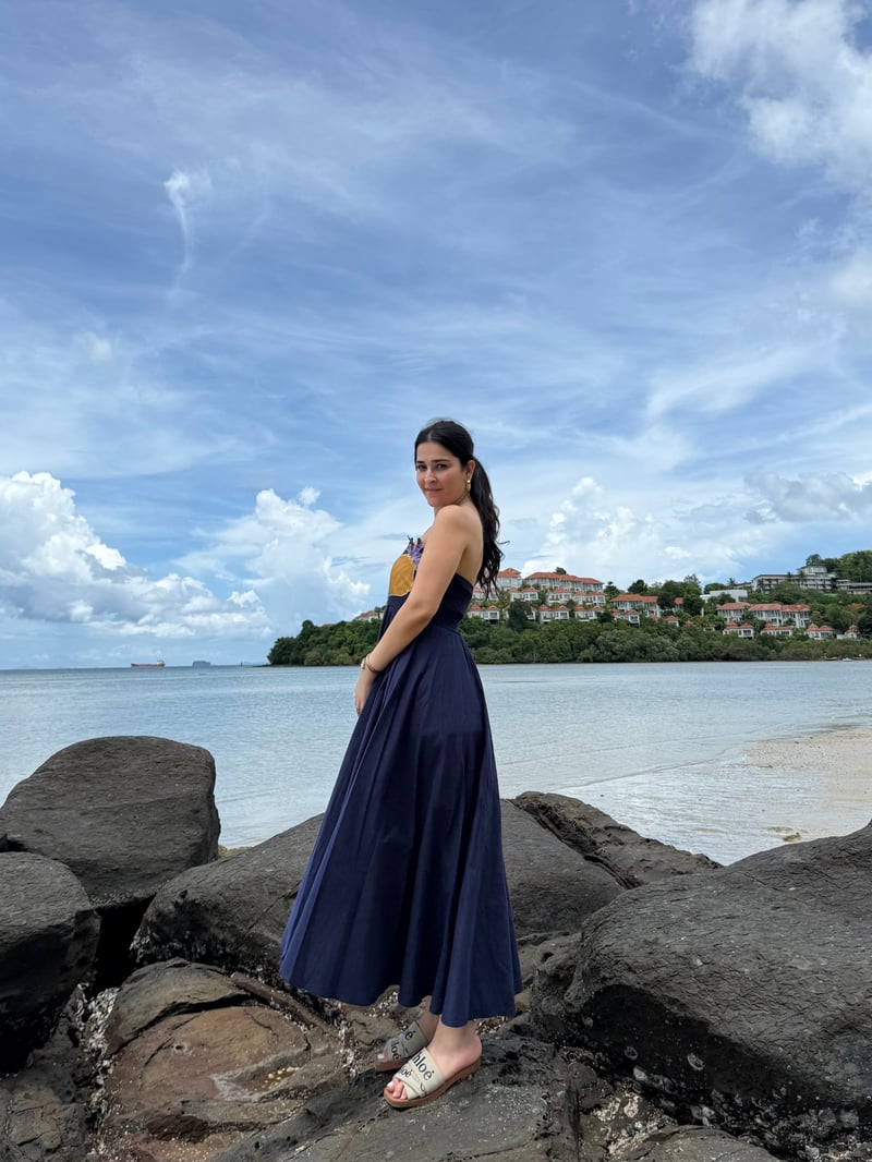 Navy Off-Shoulder Cotton Midi Dress with Floral Applique