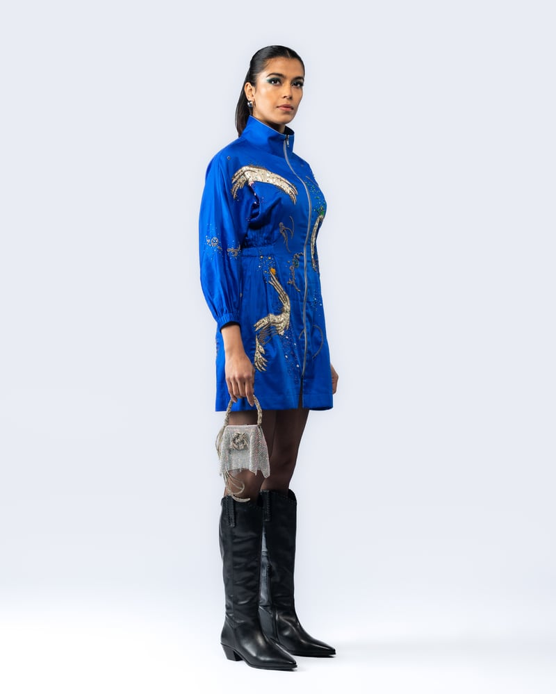 Royal Blue Zip-Front High Neck Embellished Mini Dress