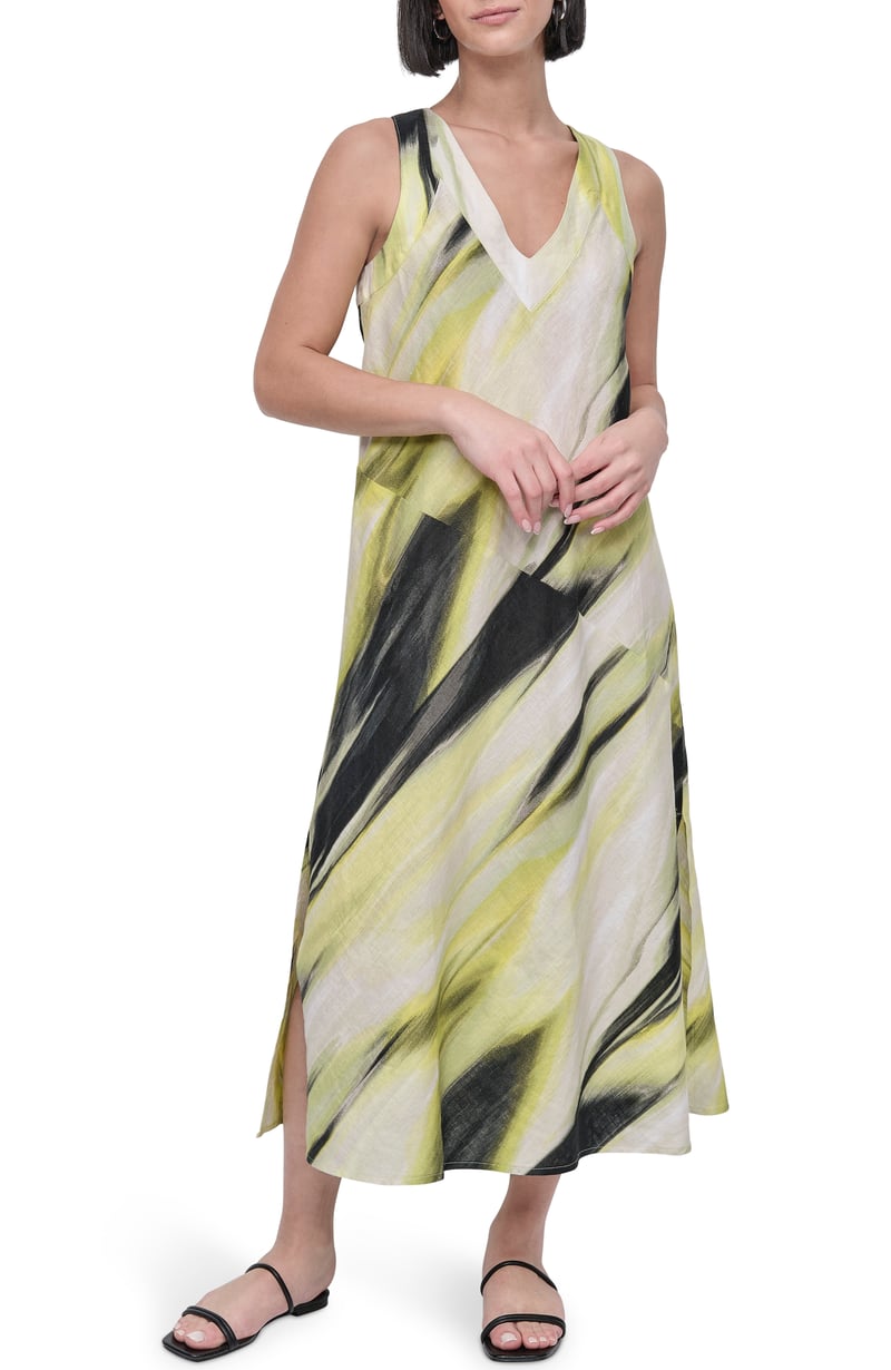 Linen Abstract Print Sleeveless V-Neck Midi Dress — DKNY