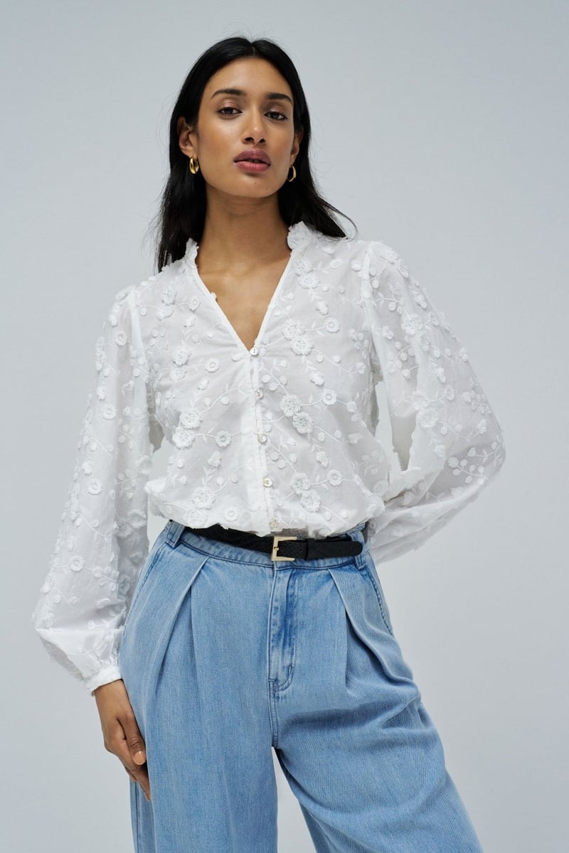 Light Pearl White 3D Floral Embroidered Blouse