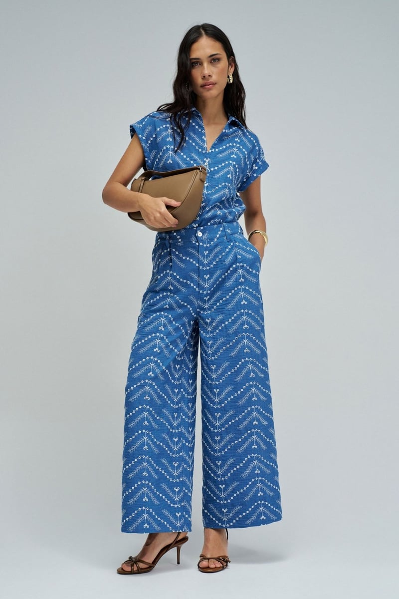 Blue Wide-Leg High-Rise Geometric Print Trousers