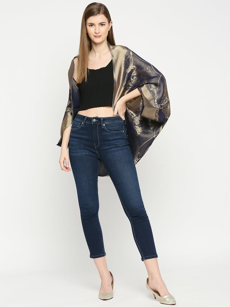 Navy Blue Metallic Brocade Cocoon Shrug