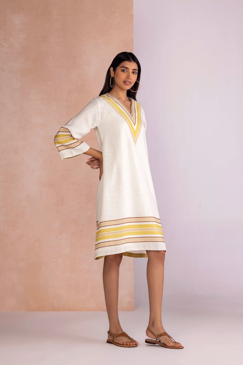 Earth Linen-Blend V-Neck Stripe Border Knee-Length Dress