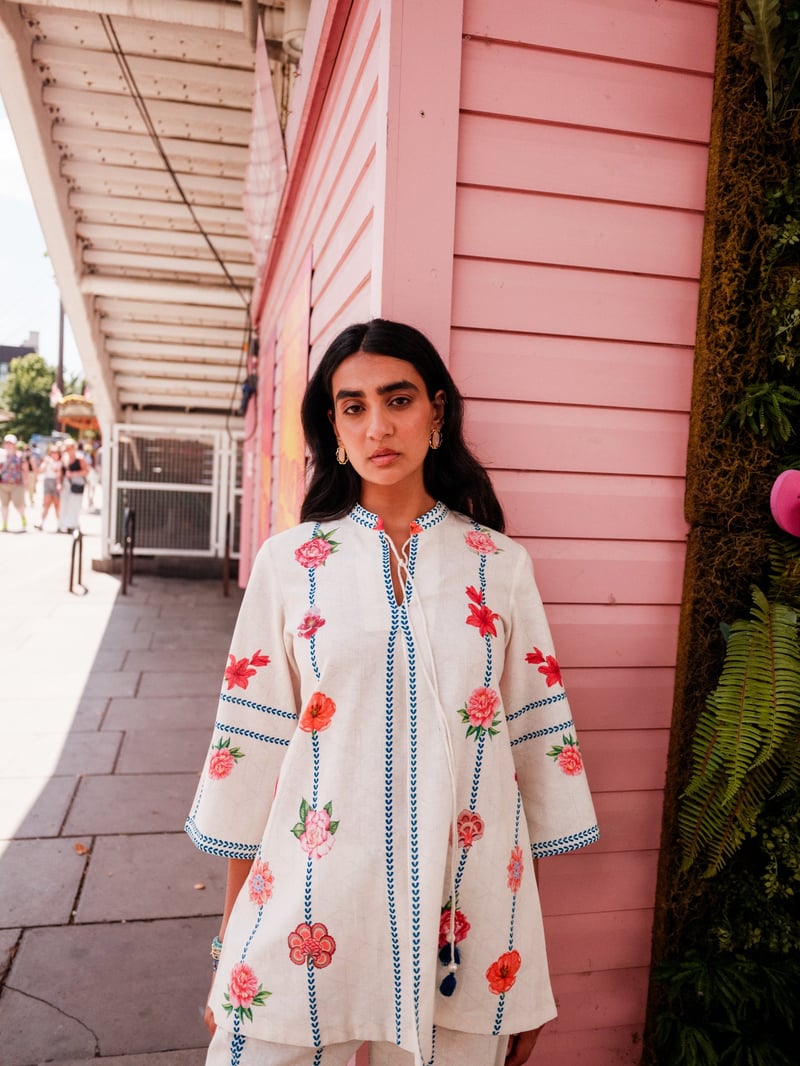 Cream Floral Printed Linen-Cotton Co-ord Set