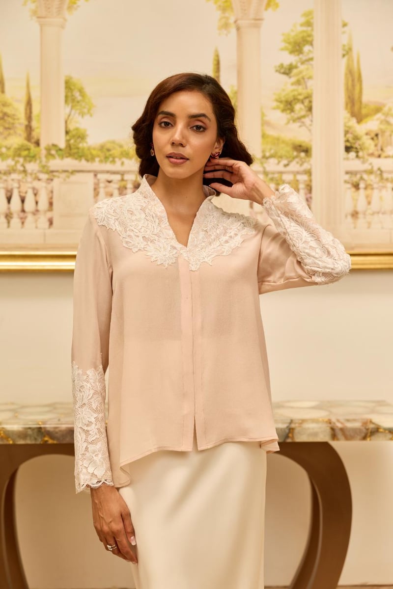 Lunaria Misty Rose French Lace Crepe Top