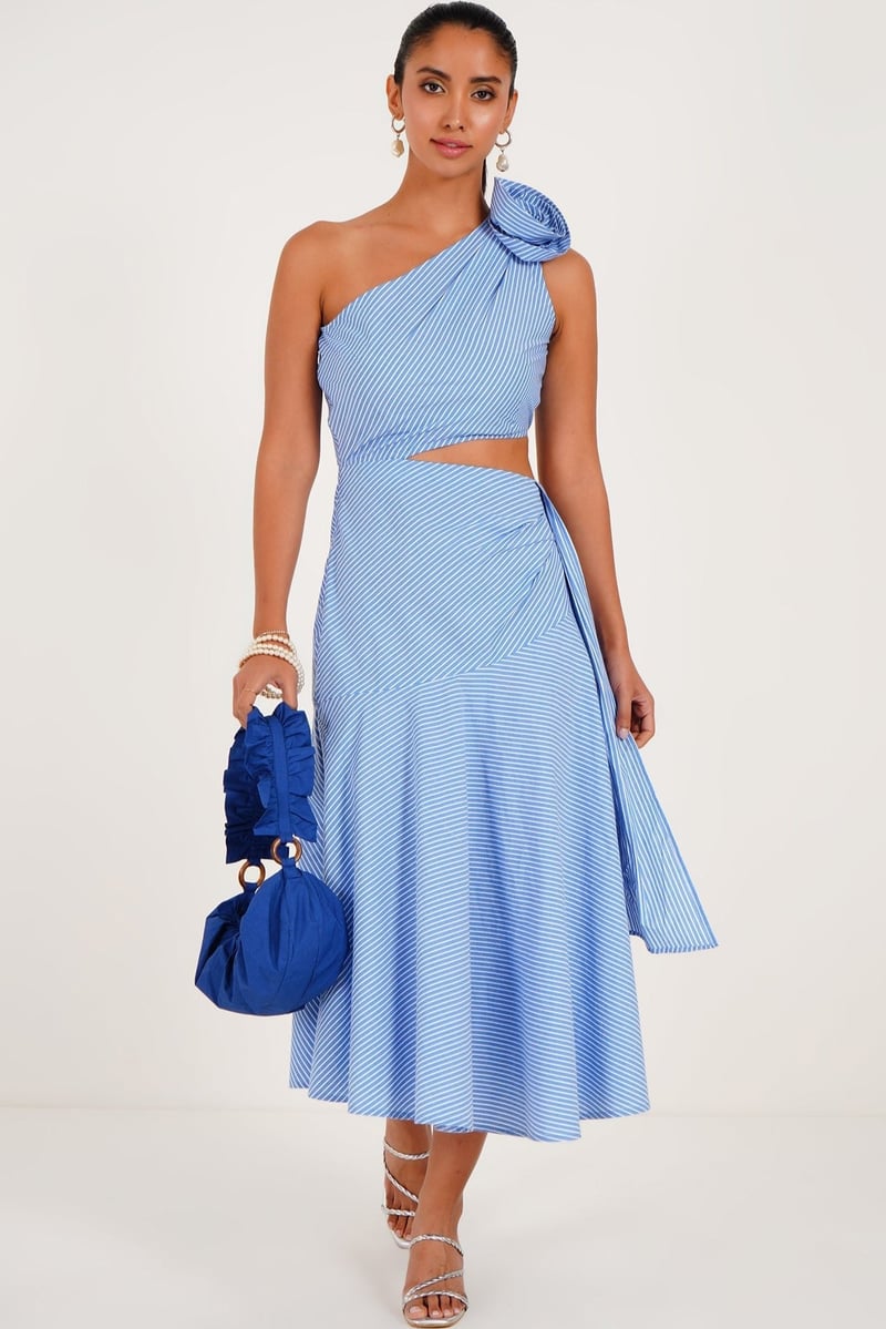 Blue Striped One-Shoulder Cut-Out Midi Dress — WESTERNERA