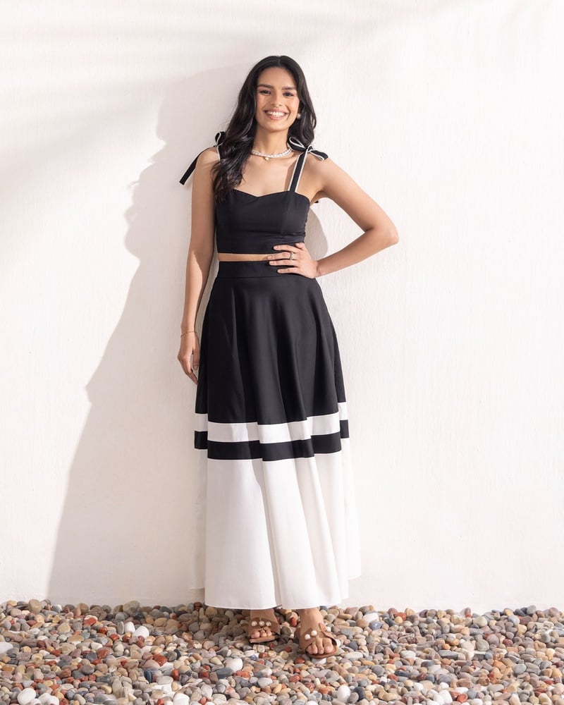 Black and White Crop Top and Maxi Skirt Co-ord Set — ZAZU