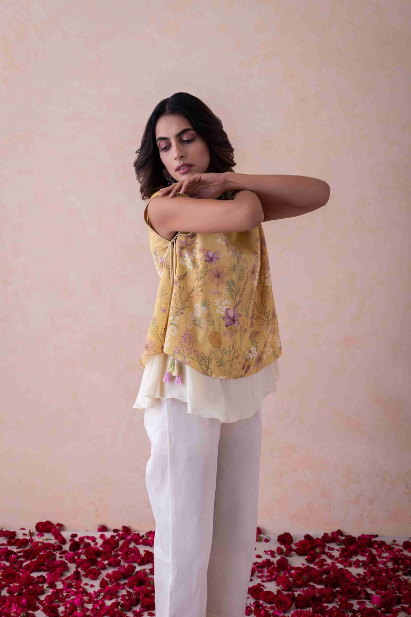 Yellow Floral Printed Sleeveless A-Line Top