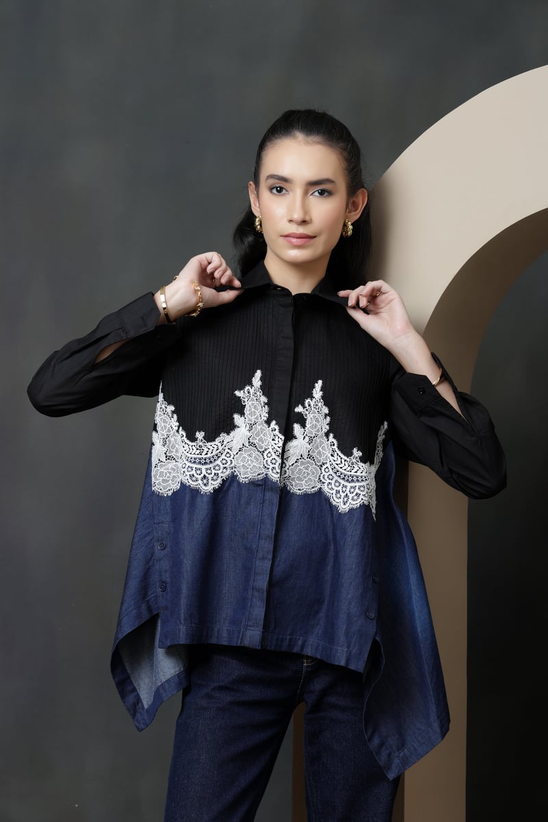 Dark Denim Colorblock Shirt with White Lace Insert