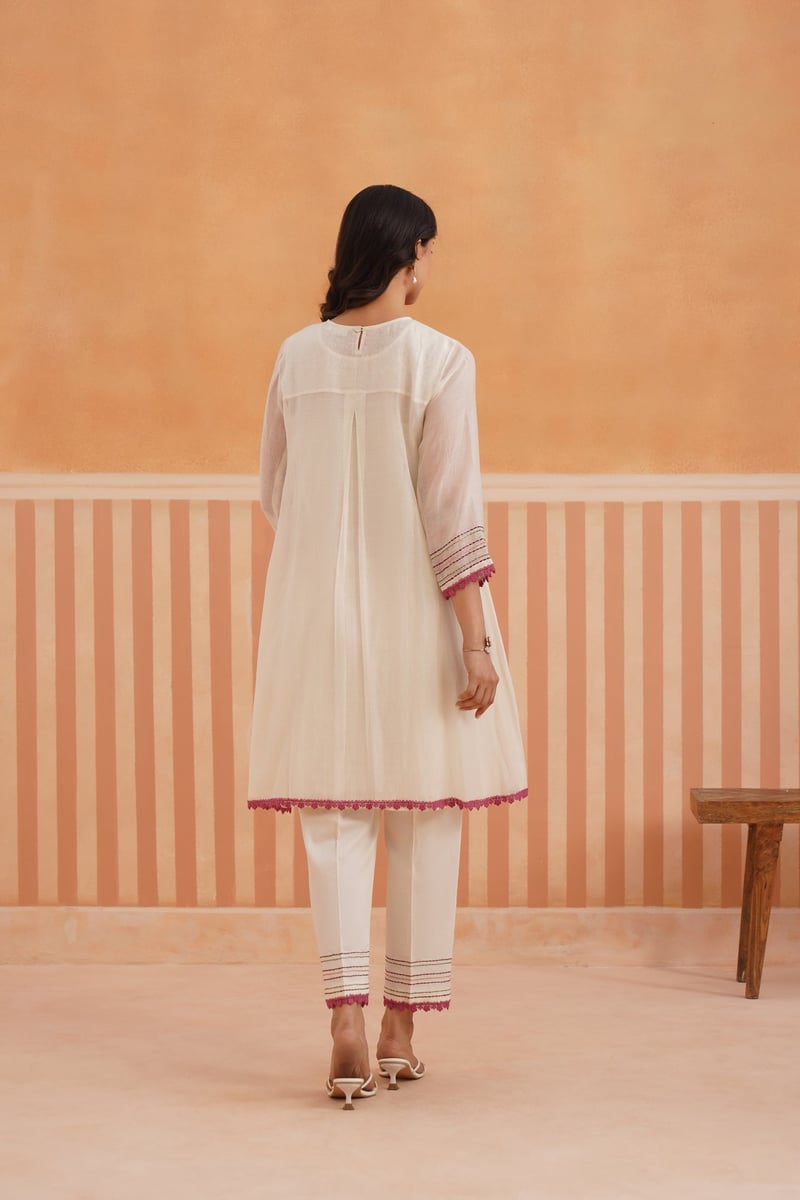 Off-White Mul Chanderi Embroidered Pintuck Kurta Set