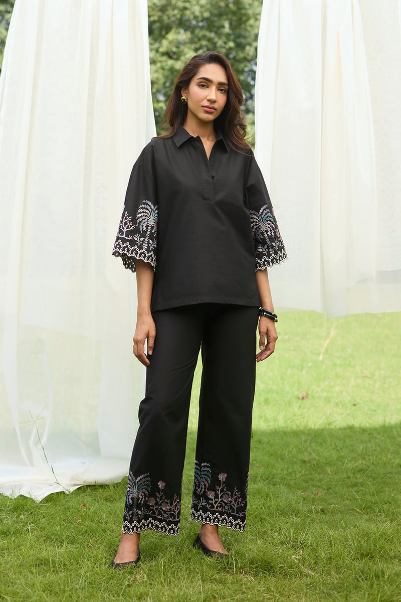Black Embroidered Co-ord Set with Wide-Leg Pants