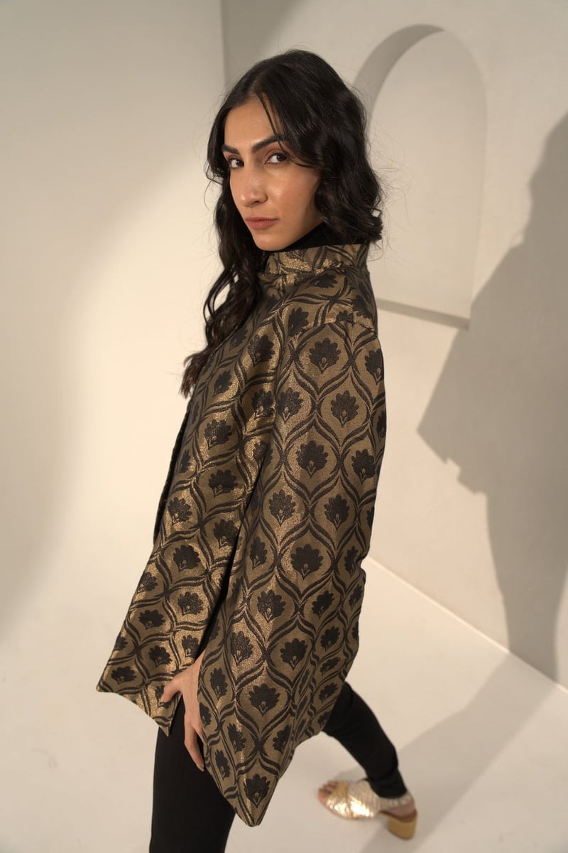 Black and Gold Metallic Brocade Cape Jacket