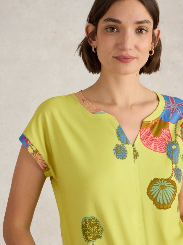 Yellow Print Notch Neck Cotton Jersey T-Shirt