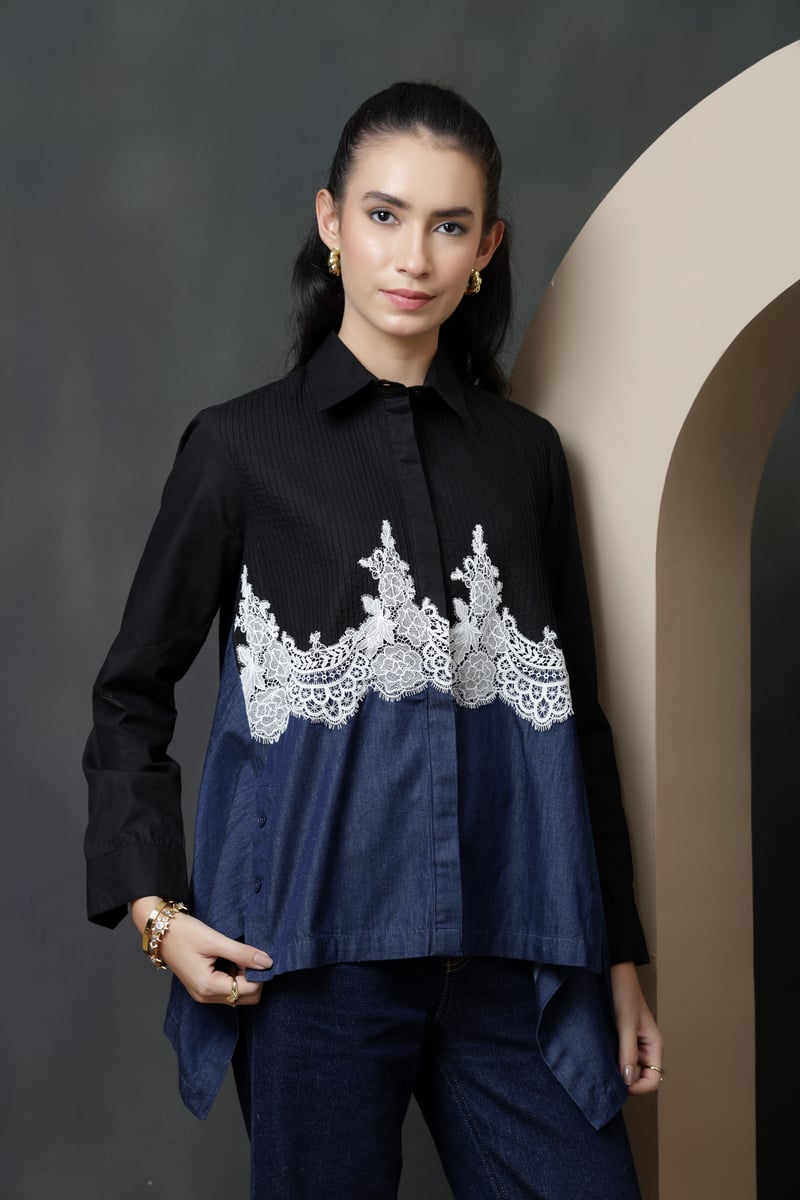Dark Denim Colorblock Shirt with White Lace Insert