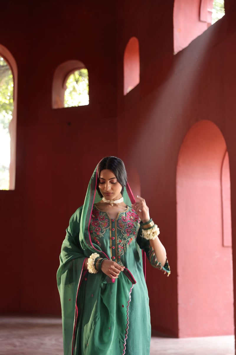 Floral Embroidered Suit Set Green