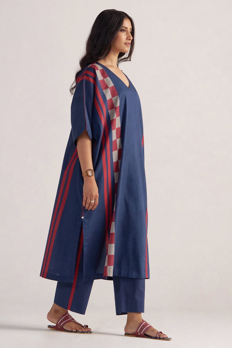 Navy Blue Printed Kaftaan Co-ord Set with Wide-Leg Pants
