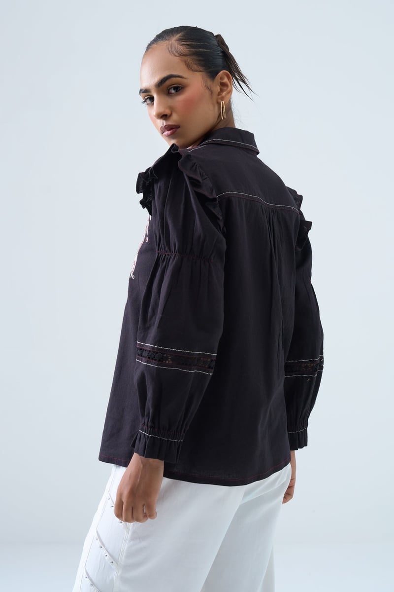 Black Embroidered Ruffle-Shoulder Cotton Flex Shirt