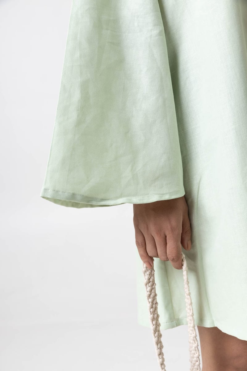 Green Cotton-Linen A-Line Mini Dress with Tie-Up Neck